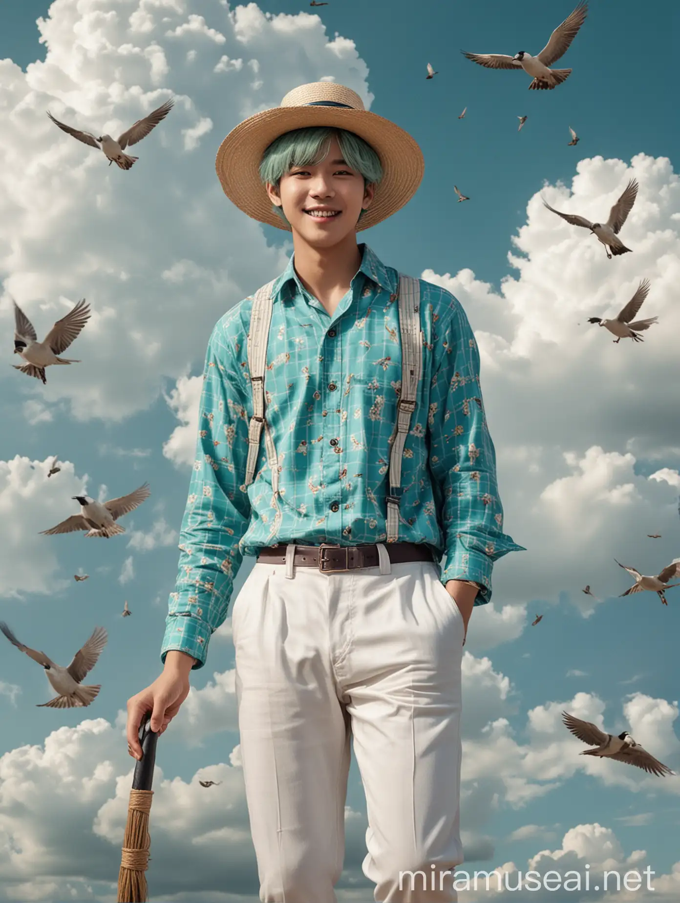 BTS Member Flying on Broomstick in Turquoise Checkered Shirt and White Pants