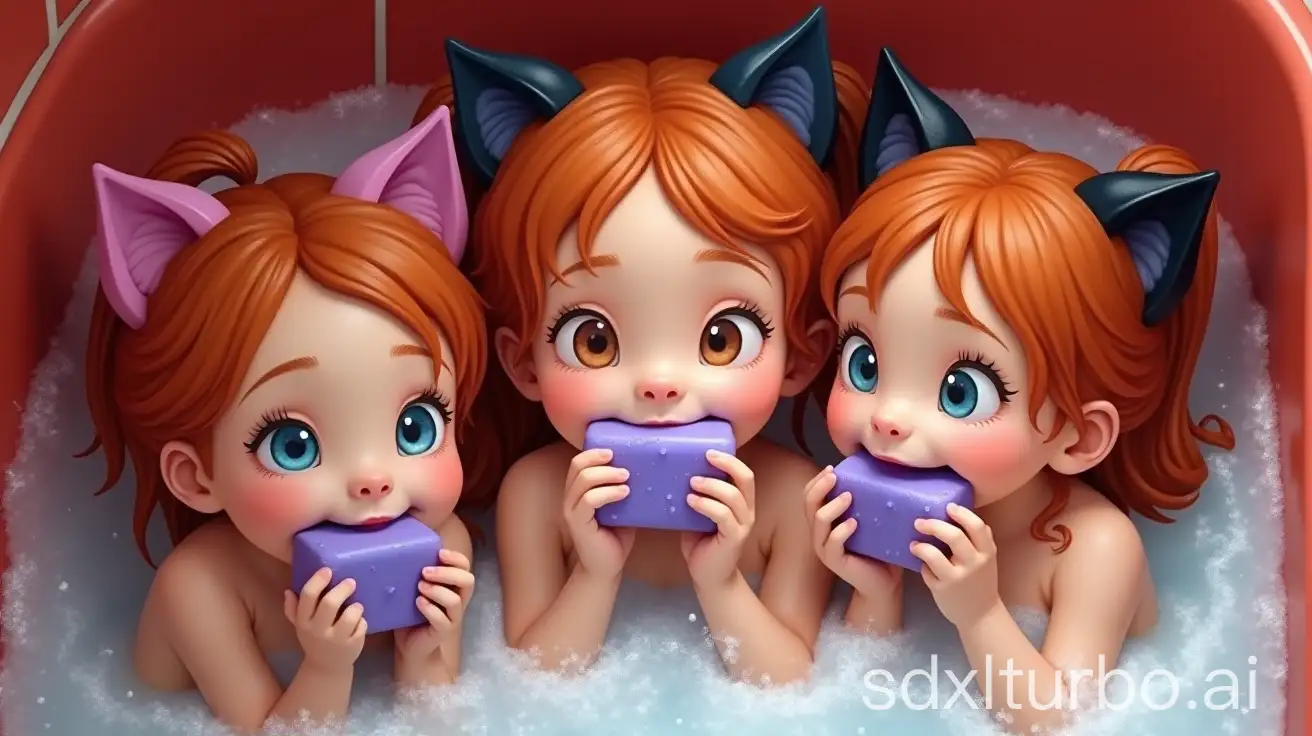 Adorable-Redhead-Little-Girls-with-Cat-Ears-and-MultiColor-Eyes-in-Preschool-Bathtub-with-Soap-and-Bubbles