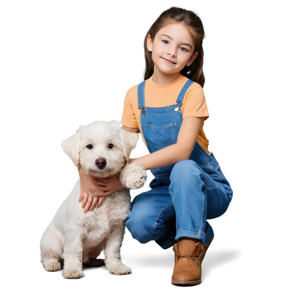 Adorable-FiveYearOld-in-Denim-Overalls-Hugging-a-White-Dog-PNG-Image