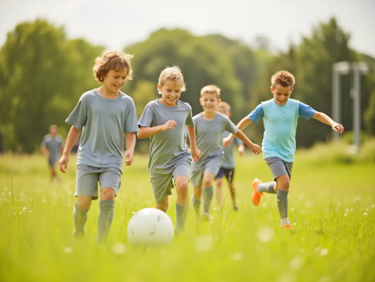 Happy youngsters playing soccer in a field on a sunny day