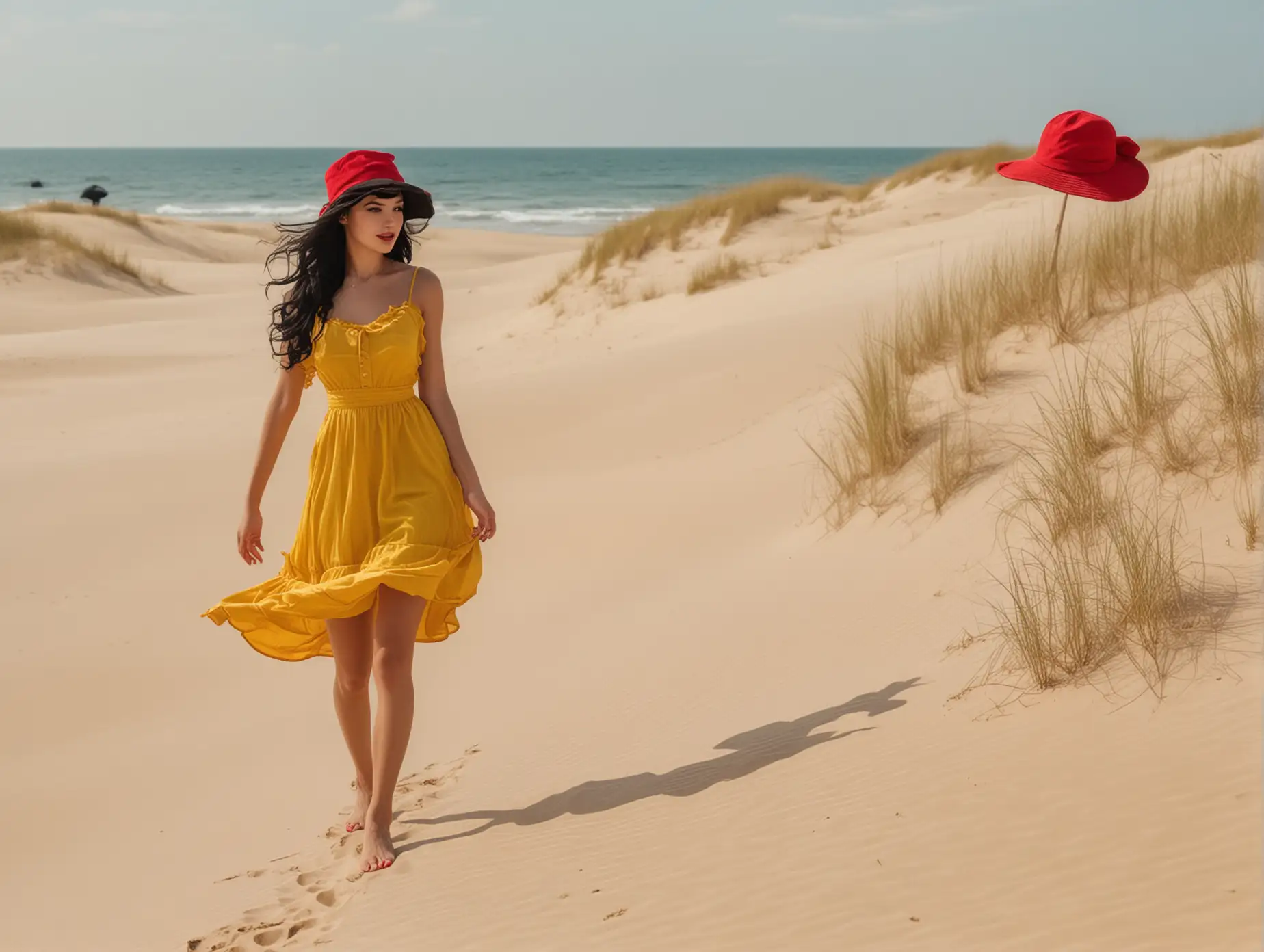 Girl-in-Yellow-Dress-Waving-at-Dolphin-on-Dune