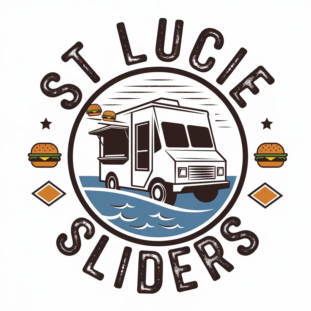 LOGO Design for St Lucie Sliders Food Truck Ocean Theme with Flying Cheeseburgers and Diamond Shape Elements