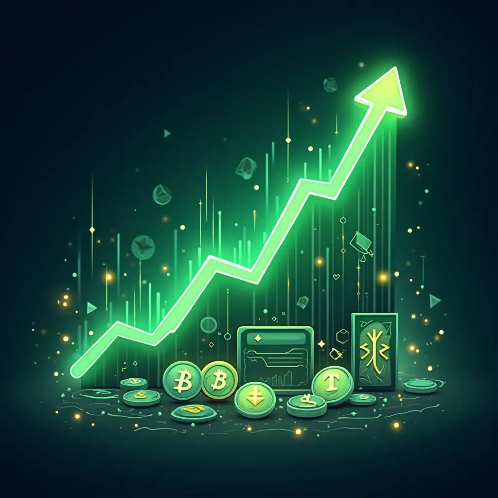 Create a visually stunning illustration that captures the dynamic growth of cryptocurrencies. The centerpiece should be a glowing green growth chart, symbolizing the upward trajectory of various cryptocurrencies. The chart should rise dramatically, showcasing a series of peaks and valleys, highlighting the volatility inherent in the crypto market.Surrounding the chart, include a diverse array of cryptocurrency coins, such as Bitcoin, Ethereum, and Litecoin, each illustrated with their distinctive designs. The coins should appear to be emerging from the chart itself, creating a sense of depth and interaction between the growth graph and the currencies.Incorporate additional cryptocurrency elements, such as digital wallets, blockchain graphics, and abstract representations of network connections, enhancing the theme of digital finance. Use a vibrant color palette with electric greens and blues contrasted against darker shades to give the image a modern and futuristic feel.Add dynamic features like shimmering light trails or sparks that suggest movement and energy, guiding the viewer’s eye along the growth chart. The background should be a blend of soft gradients and geometric patterns, evoking the high-tech world of cryptocurrency.The entire composition should convey optimism and excitement about the potential of digital currencies, symbolizing both innovation and the rapid evolution of finance in the digital age. This image should inspire curiosity and engagement with the ever