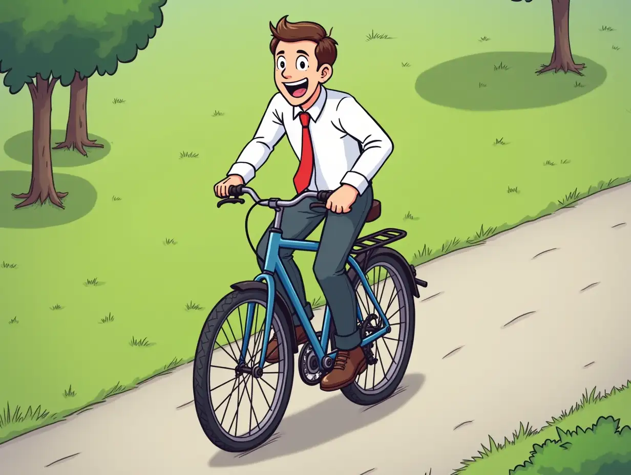 young businessman riding his bicycle across the park, happy, excited, (((comically silly cartoon))), isometric style,