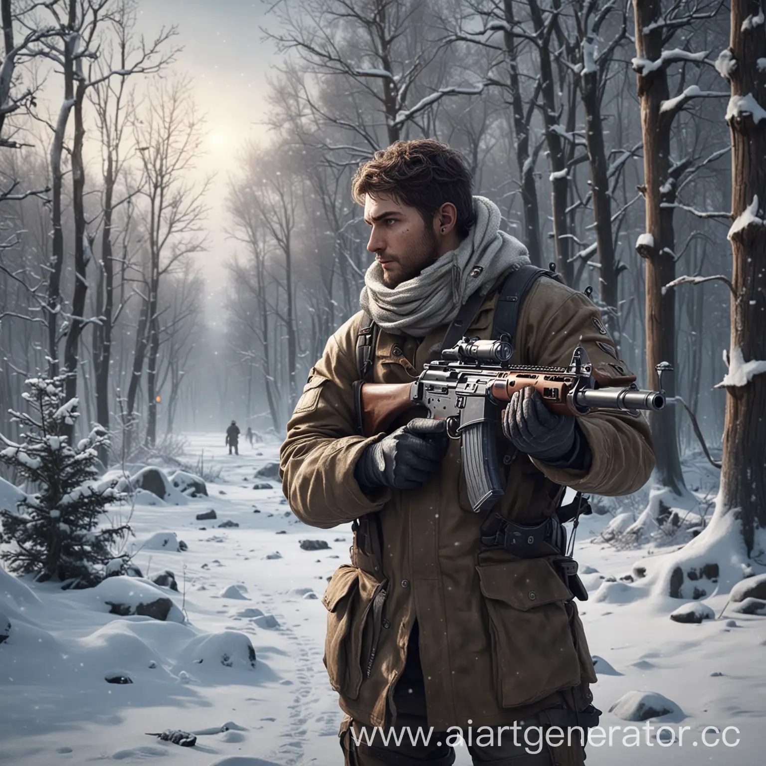 Winter-Video-Game-Scene-with-Human-Holding-Rifle-and-Gamepad