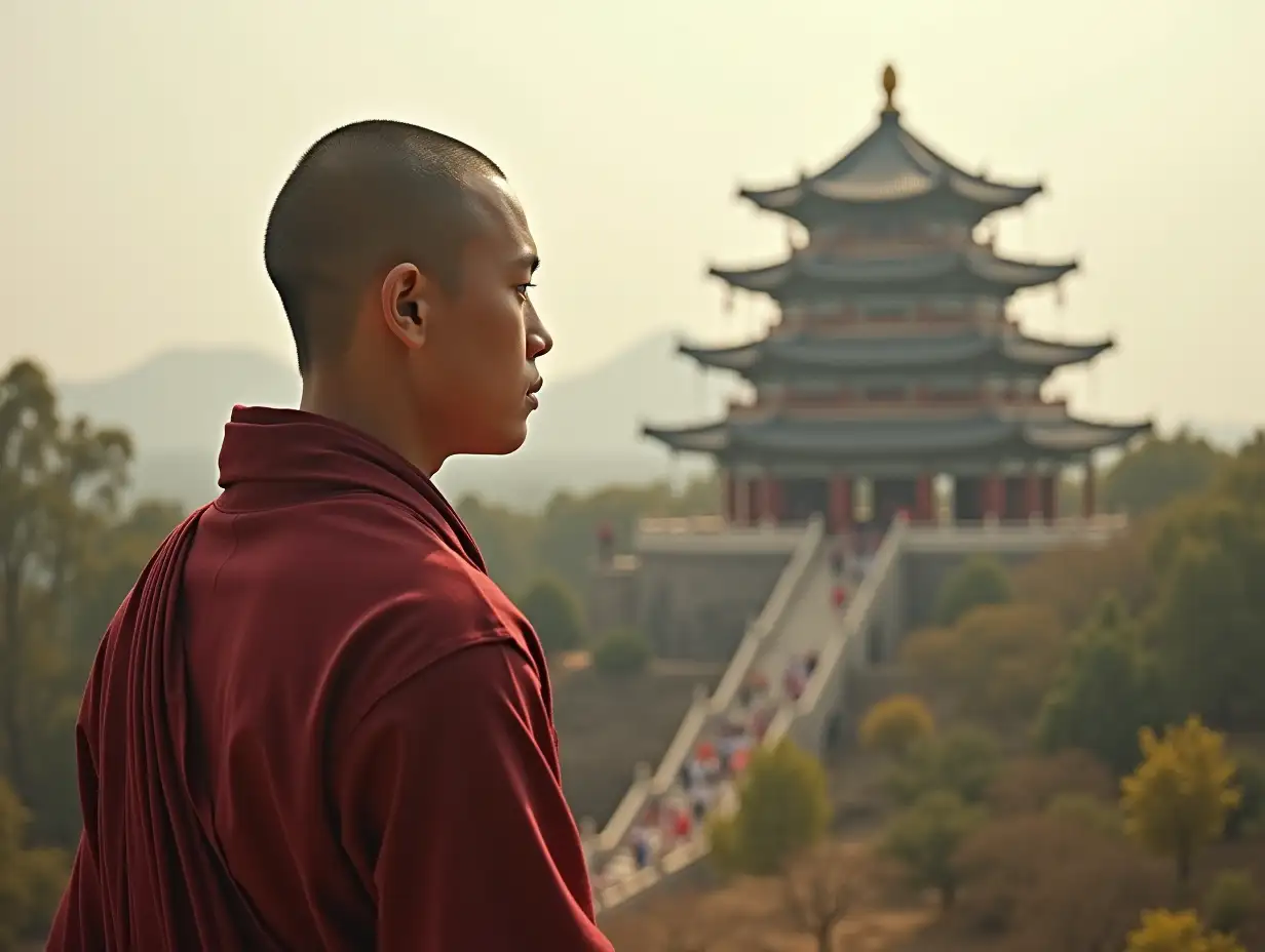 A young, handsome Chinese Buddhist monk in ancient times, 3/4 facing away, looking at a group of temples in the distance.