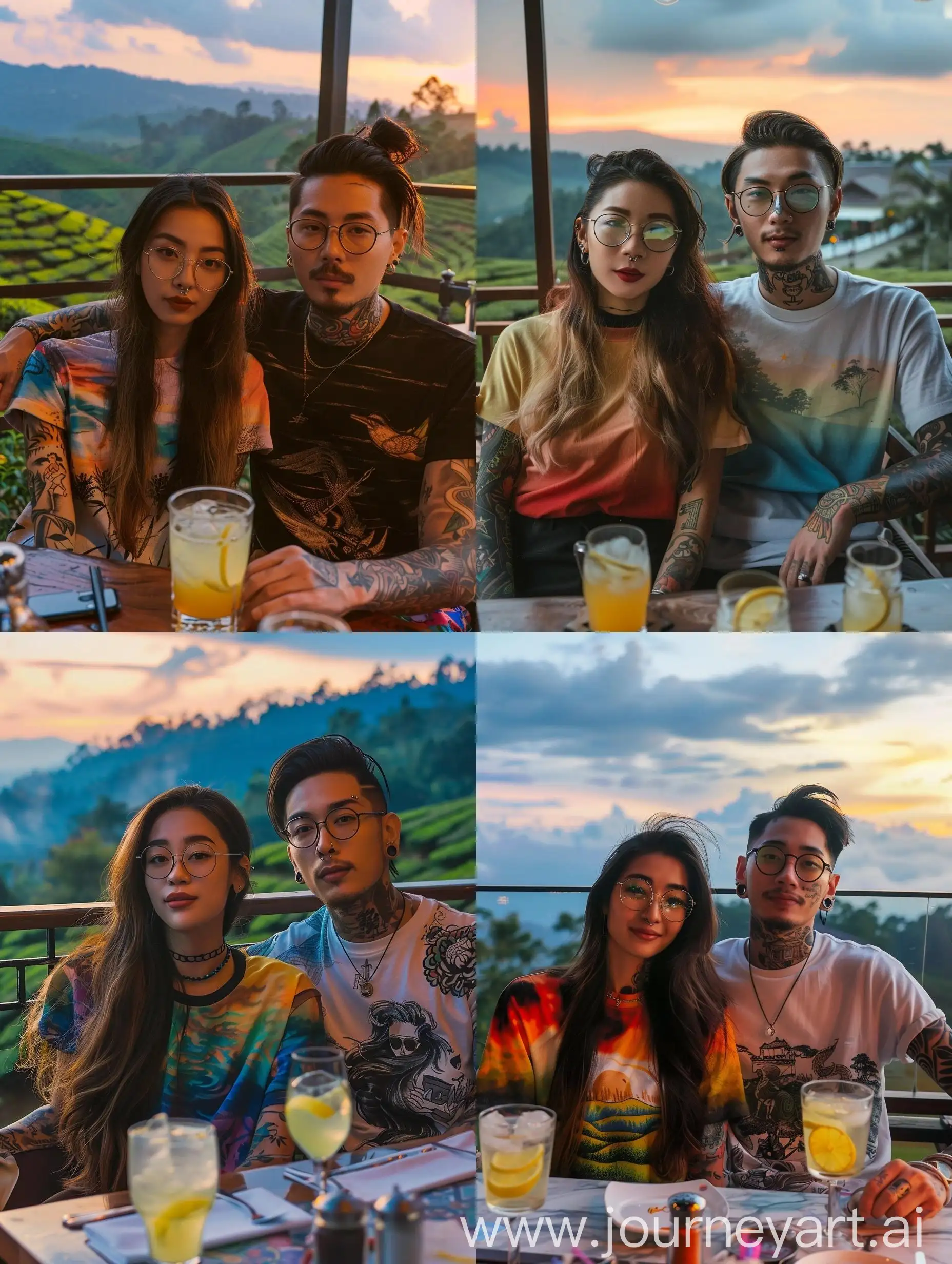 Asian-Couple-Enjoying-Sunset-Tea-on-Restaurant-Balcony