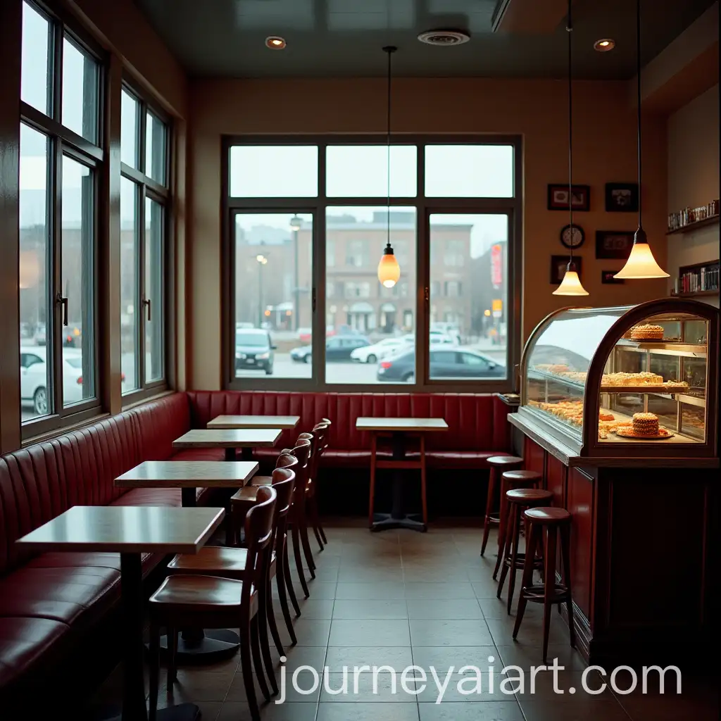 Charming-Retro-Cafeteria-with-Vintage-Decor-and-Cake-Display