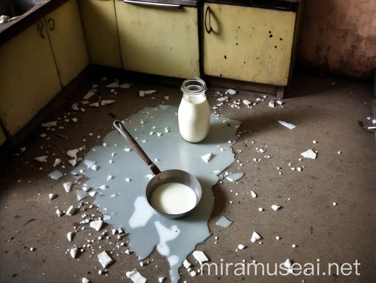 Indian Kitchen Scene with Spilled Milk and Utensils on Floor