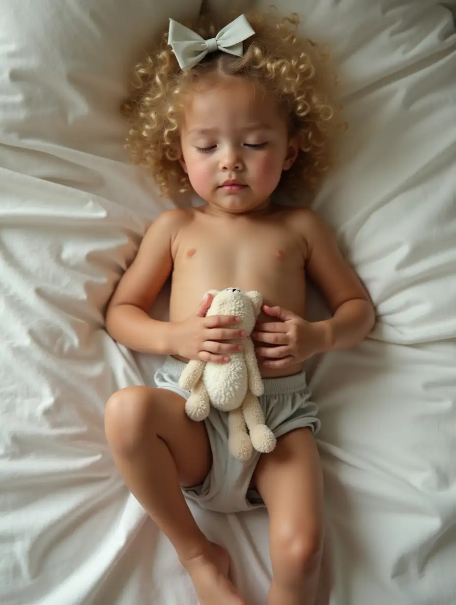 Skinny-Little-Girl-with-Curly-Blonde-Hair-Lying-on-Bed-with-Stuffed-Animal