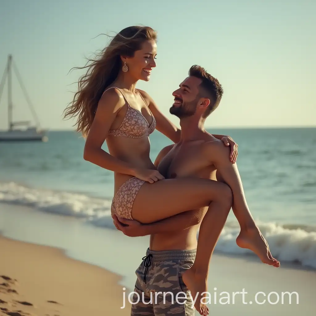 Short-Man-Lifting-Tall-Beautiful-Bikini-Wife-Romantic-Beach-Scene