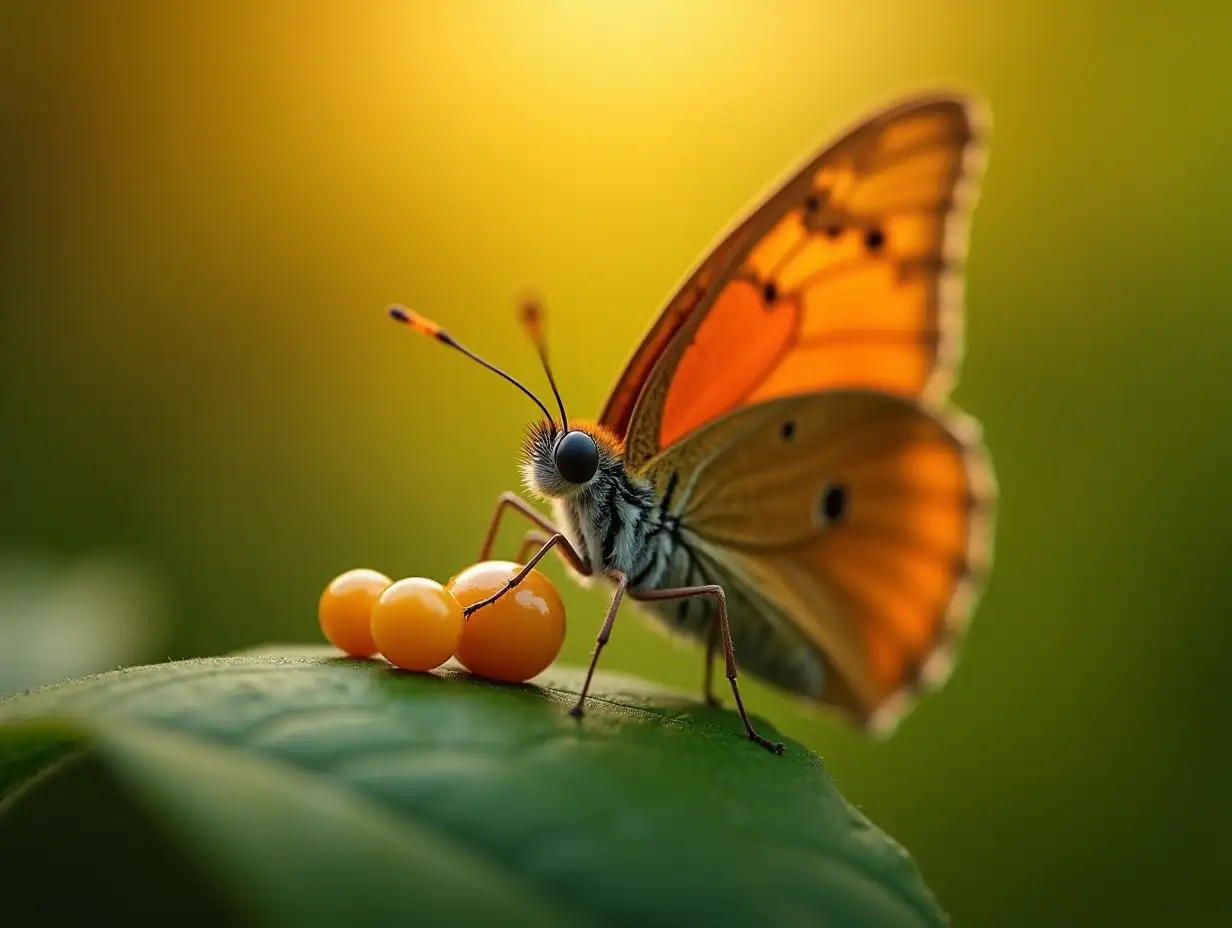 A close-up view of the butterfly gently laying eggs on a leaf. Create a warm, glowing background, hinting at the ongoing cycle and continuity of life.