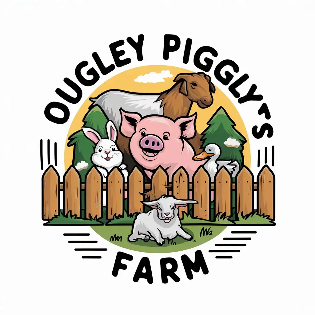 LOGO Design For Quigley Pigglys Farm Cartoonish Farm Elements with Picket Fence Pig Duck Bunny and Goat