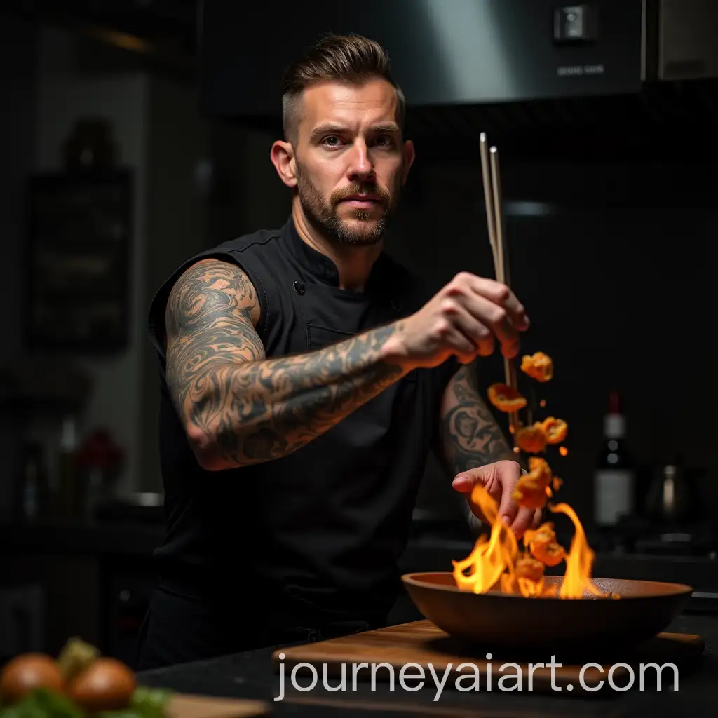Tattooed-Chef-Cooking-in-Dark-Kitchen-with-Food-Tossing