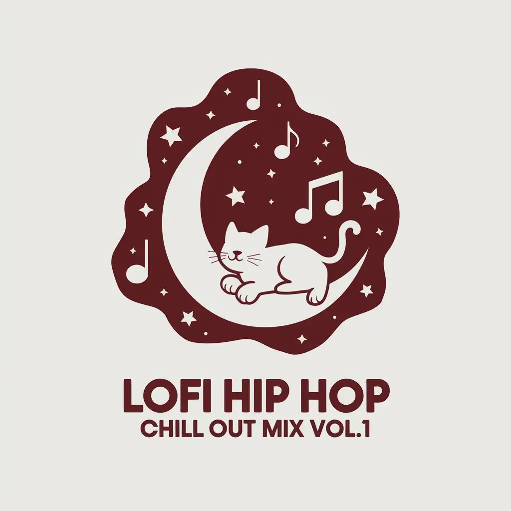 LOGO Design for Lofi Hip Hop Chill Out Mix Vol1 Cat on Moon with Stars Musical Notes in Desaturated Red and White