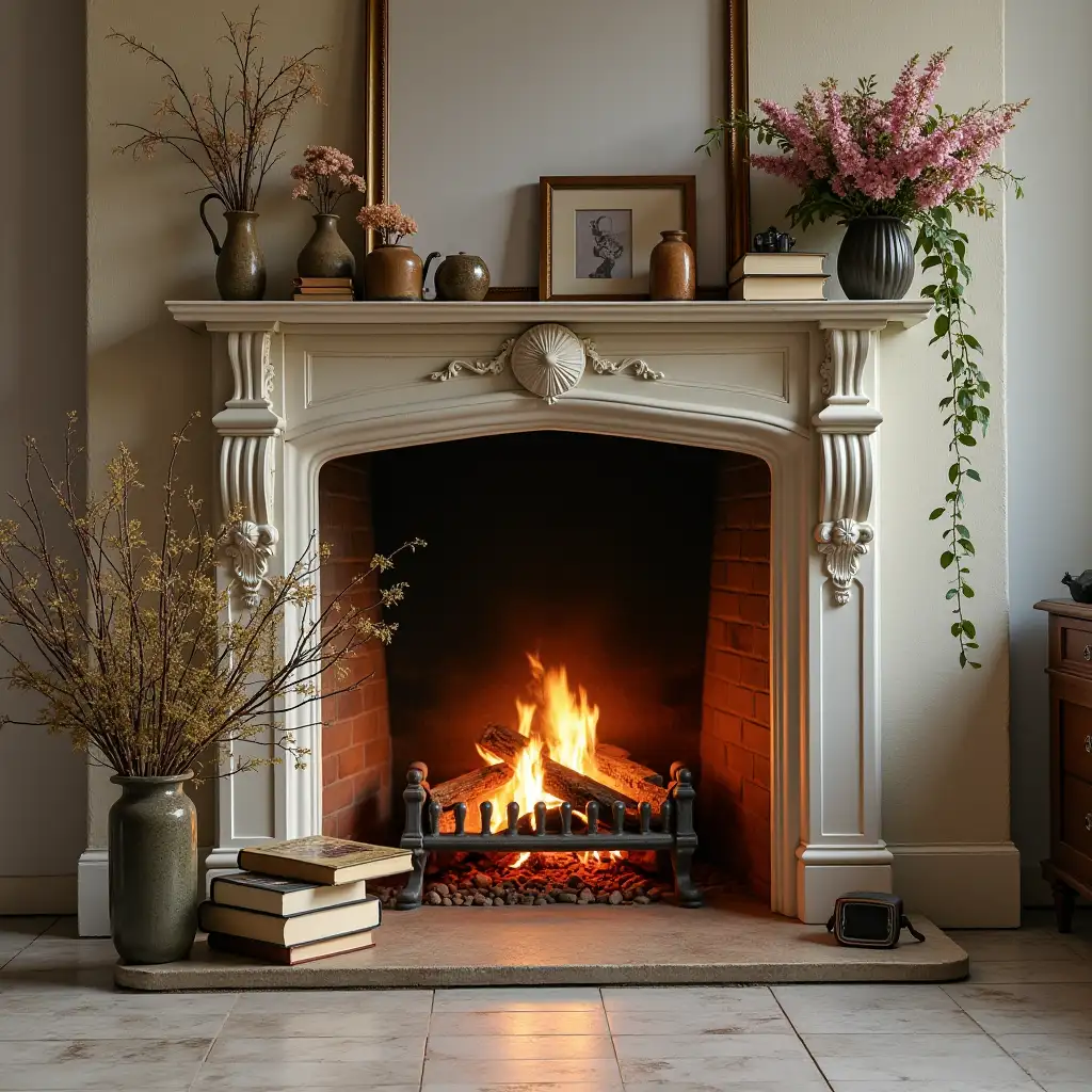 Aesthetic-Fireplace-with-Flowers-and-Books-in-Cozy-Living-Room