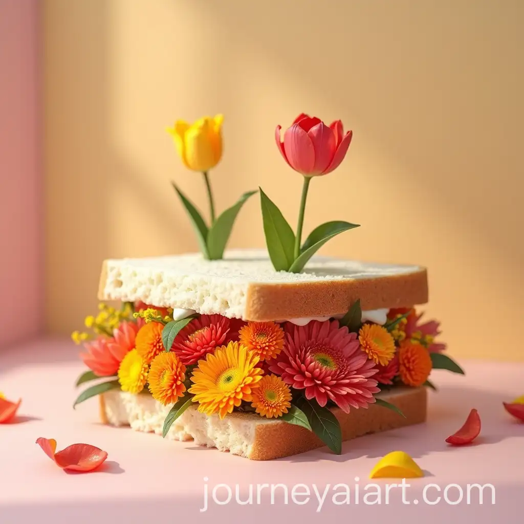 Floral-Sandwich-with-Marigolds-Chrysanthemums-and-Tulips-in-a-Kitchen-Still-Life