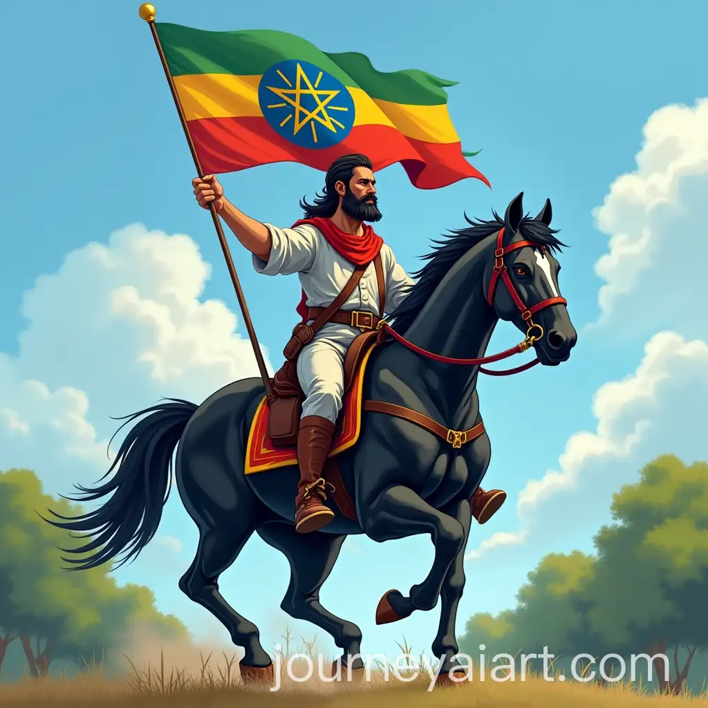 Ethiopian-Patriot-Riding-Black-Horse-with-Flag-and-Rifle-in-Sky