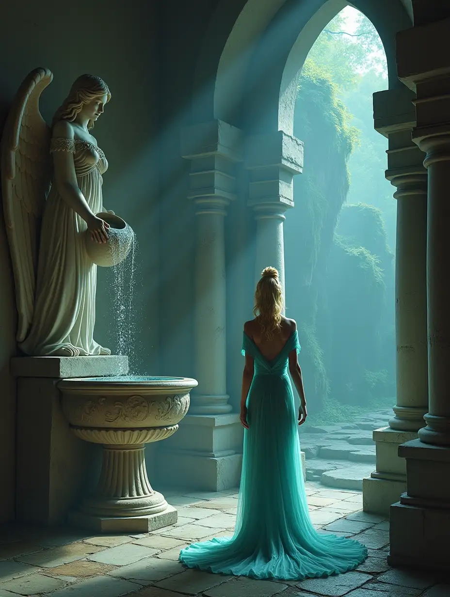 A fantasy setting depicting a beautiful princess held captive in a room of a wizard's tower with only the company of 2 magical items. One is a basin of the angel which resembles a large 6ft tall statue of an angel emptying an urn of water flowing into a basin. The other magical object is a Mirror of Far Seeing occupying the entirety of one wall which allows the captive Princess to see the outside world. The princess is wearing an off the shoulder turquoise sheer dress that falls to her ankles