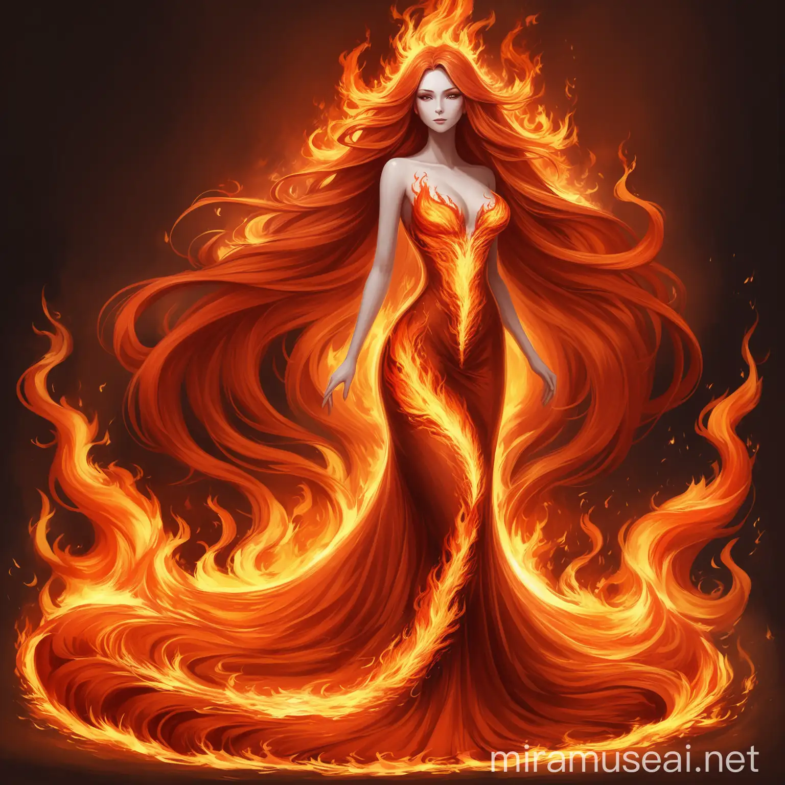 Elegant Lady in Fiery Red Dress with Flowing Hair