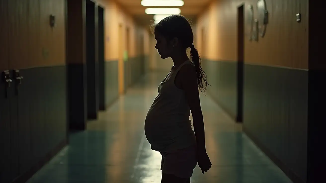 Pregnant-Girl-Walking-Down-School-Hallway-at-Dusk-with-Wet-Clothes