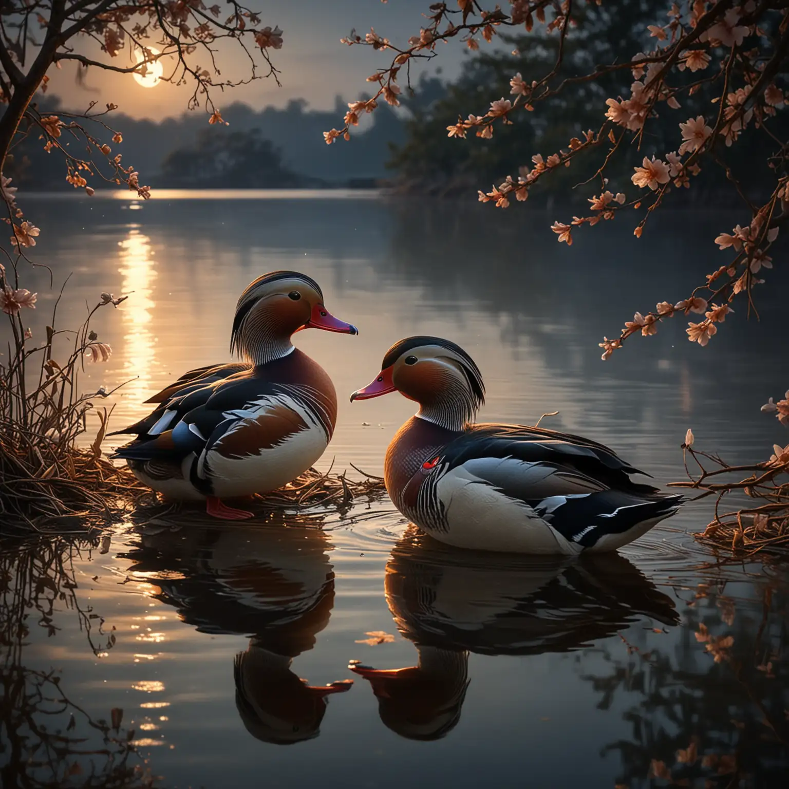 On the beach at dusk, a pair of mandarin ducks leaned their necks together, the lake under the moonlight glowed with silver light, the moonlight poured on the earth, and the swaying flower branches left a sparse shadow in the moonlight.