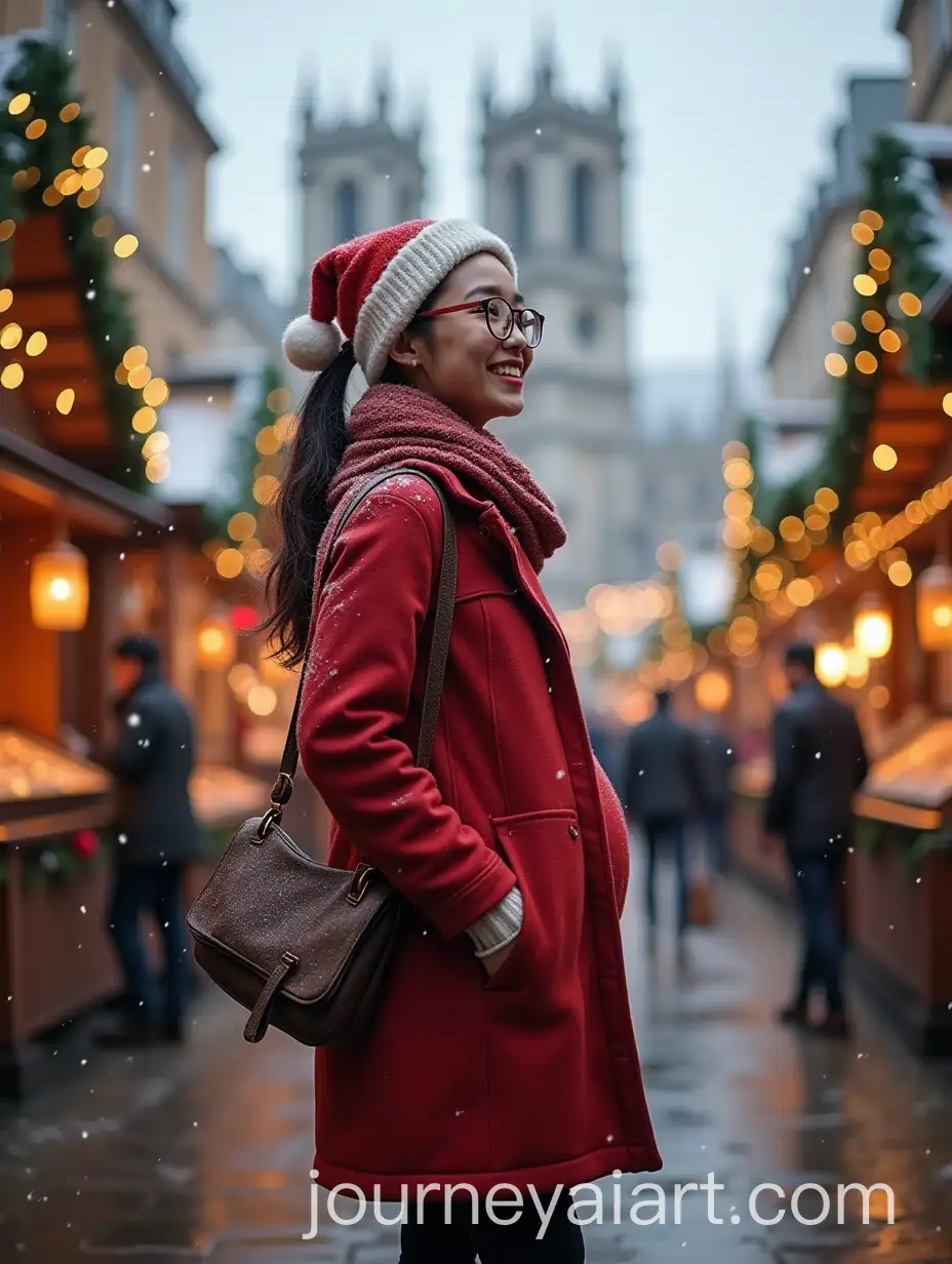 Pregnant-Woman-in-Christmas-Market-in-London-with-Holiday-Decorations-and-Snowfall