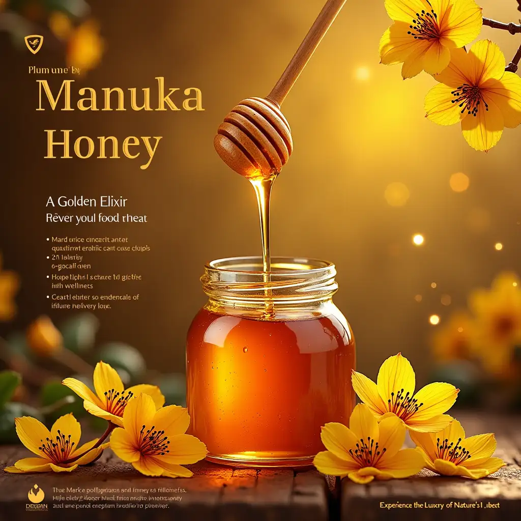 Design a poster for premium manuka honey. The design should be luxurious, using rich colors like gold and deep brown. Include elegant elements such as dripping honey, honeycomb patterns, and manuka flowers. The text should emphasize the honey's premium quality and unique health benefits, with phrases like 'Manuka Honey, A Golden Elixir for Wellness', or 'Experience the Luxury of Nature’s Best'.