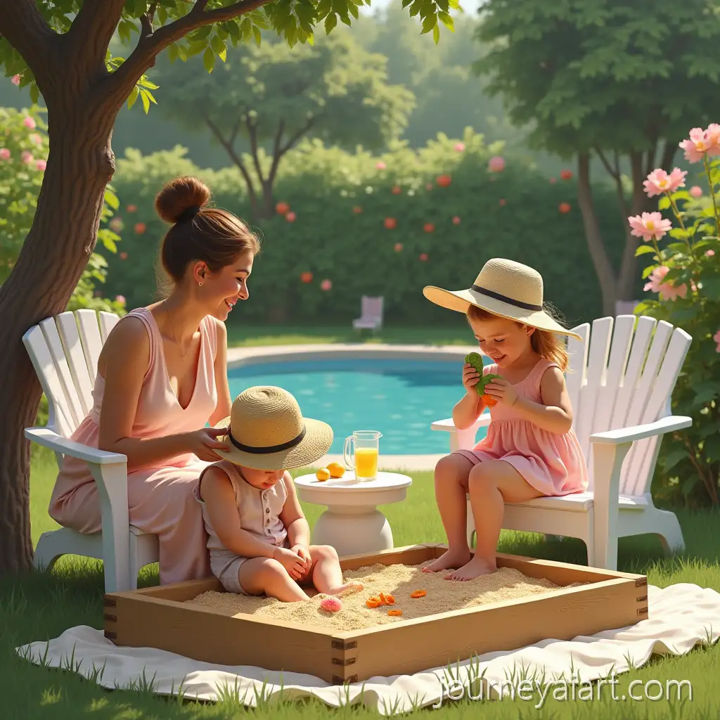 Children-Playing-in-Sandbox-at-SummerAI-Image-Prompt-Expansion-Dacha-with-Pool-and-Fruit-Trees-Woman-Relaxing-Nearby