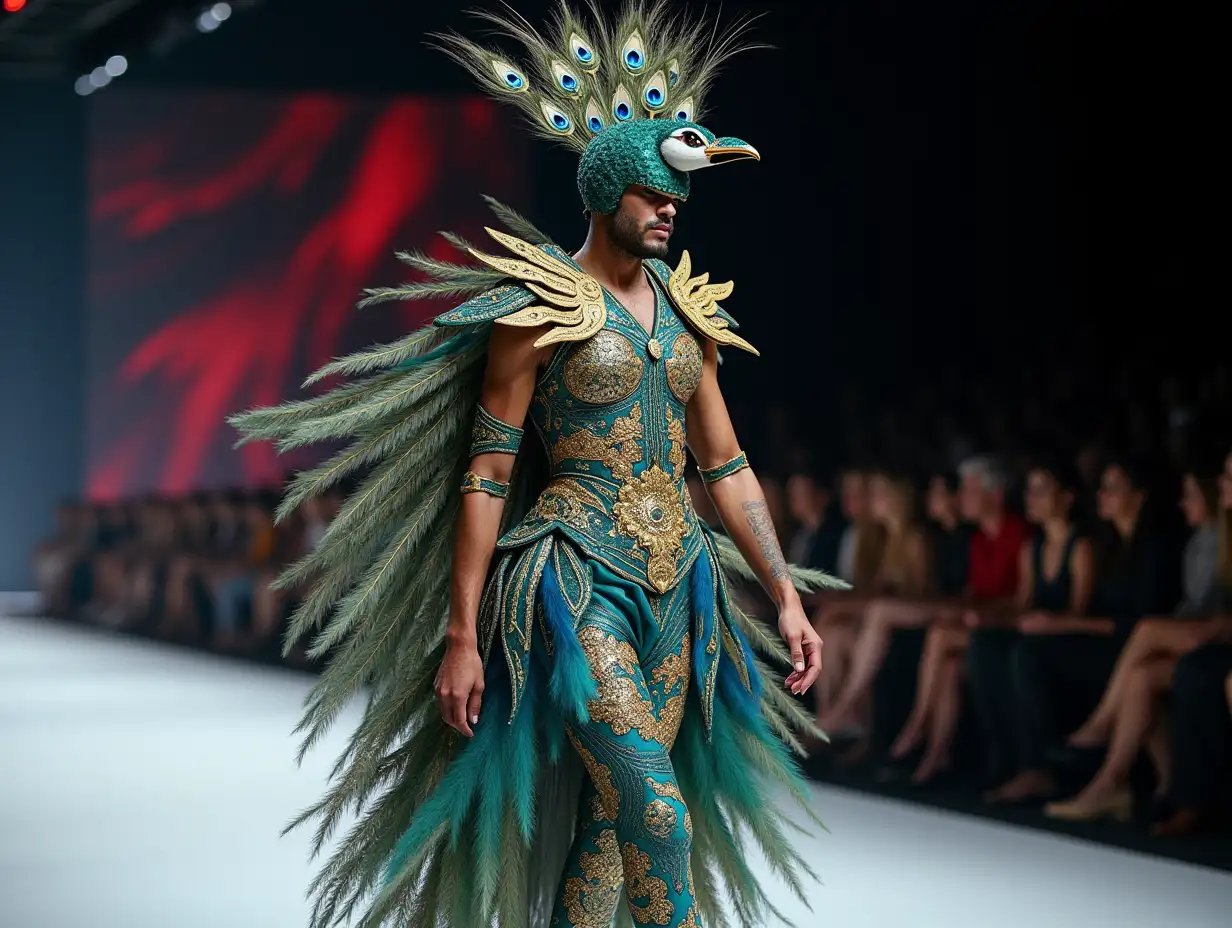 Ki-Fantasy, a mixture of man-and peacock head design with beautiful shoes on a fashion show