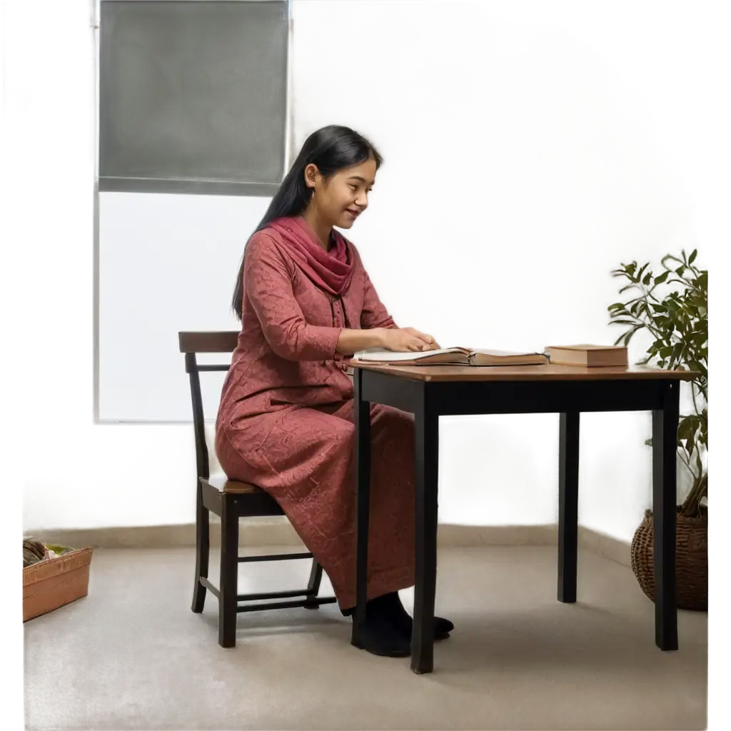 A cozy and welcoming homestay environment with a teacher figure, possibly in traditional attire, sitting at a table with a book or teaching materials. Surround the teacher with subtle elements of homestay comforts, like a steaming cup of tea, a window with a scenic view, and soft lighting to create a warm, inviting atmosphere.