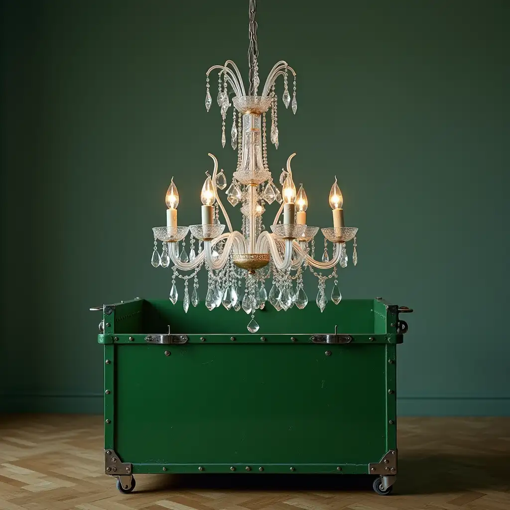 a crystal chandelier placed half in a green transport box