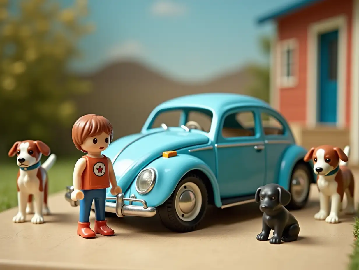 A Playmobil set, with a boy with short hair, a Jack Russell, another Jack Russell, a small black dog and an old blue Volkswagen Beetle