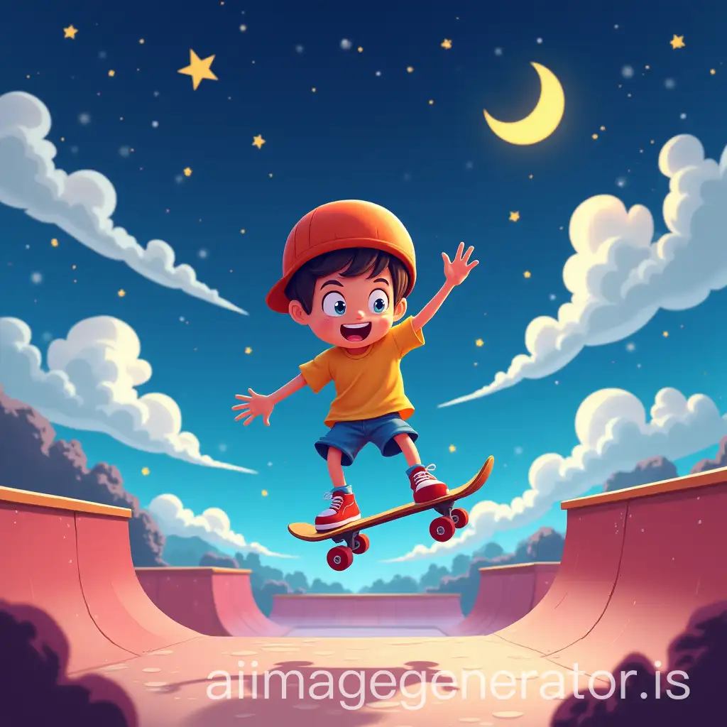 A spirited skateboarder performing cool tricks on a vibrant skateboard park, with a sky full of stars and a crescent moon, creating a magical night-time scene that's full of energy and fun.3d cartoon