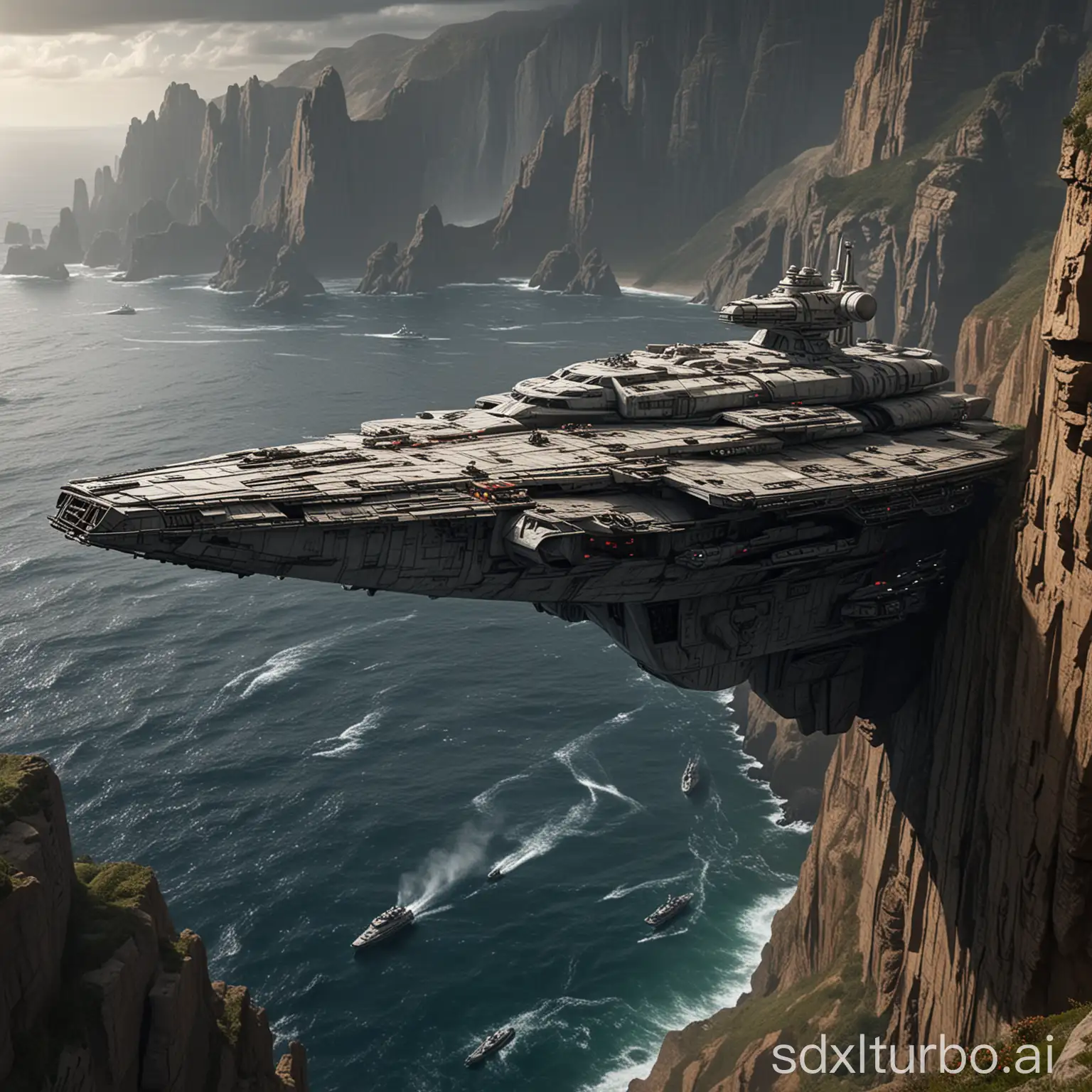 star war's admiral ship seen from a cliff