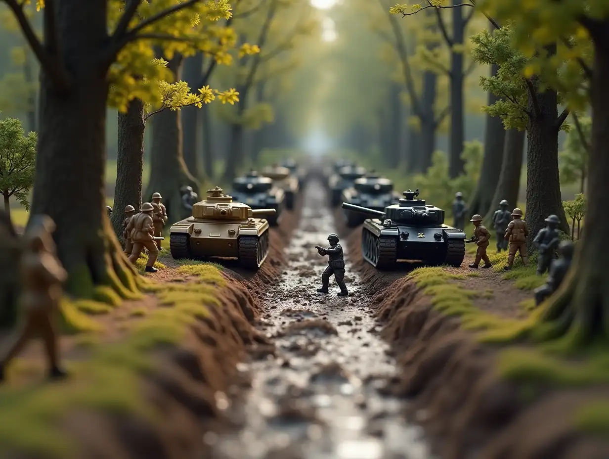 In a diorama, two groups of tin soldiers, one in khaki and the other in black, are converging in the center of a muddy oak forest. The khaki soldiers are on the left side of the image, while the black soldiers are on the right. The tanks are positioned behind the tin soldiers, adding to the sense of tension and anticipation. The overall mood is one of suspense and drama, as the two groups prepare to engage in battle. Isometric style. Hyperrealistic style, with great details.