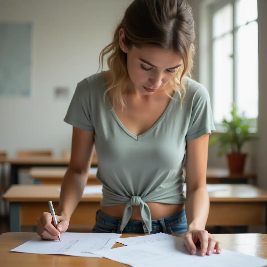 Attractive-Teacher-Correcting-Papers-in-Classroom-with-KnotTied-TShirt