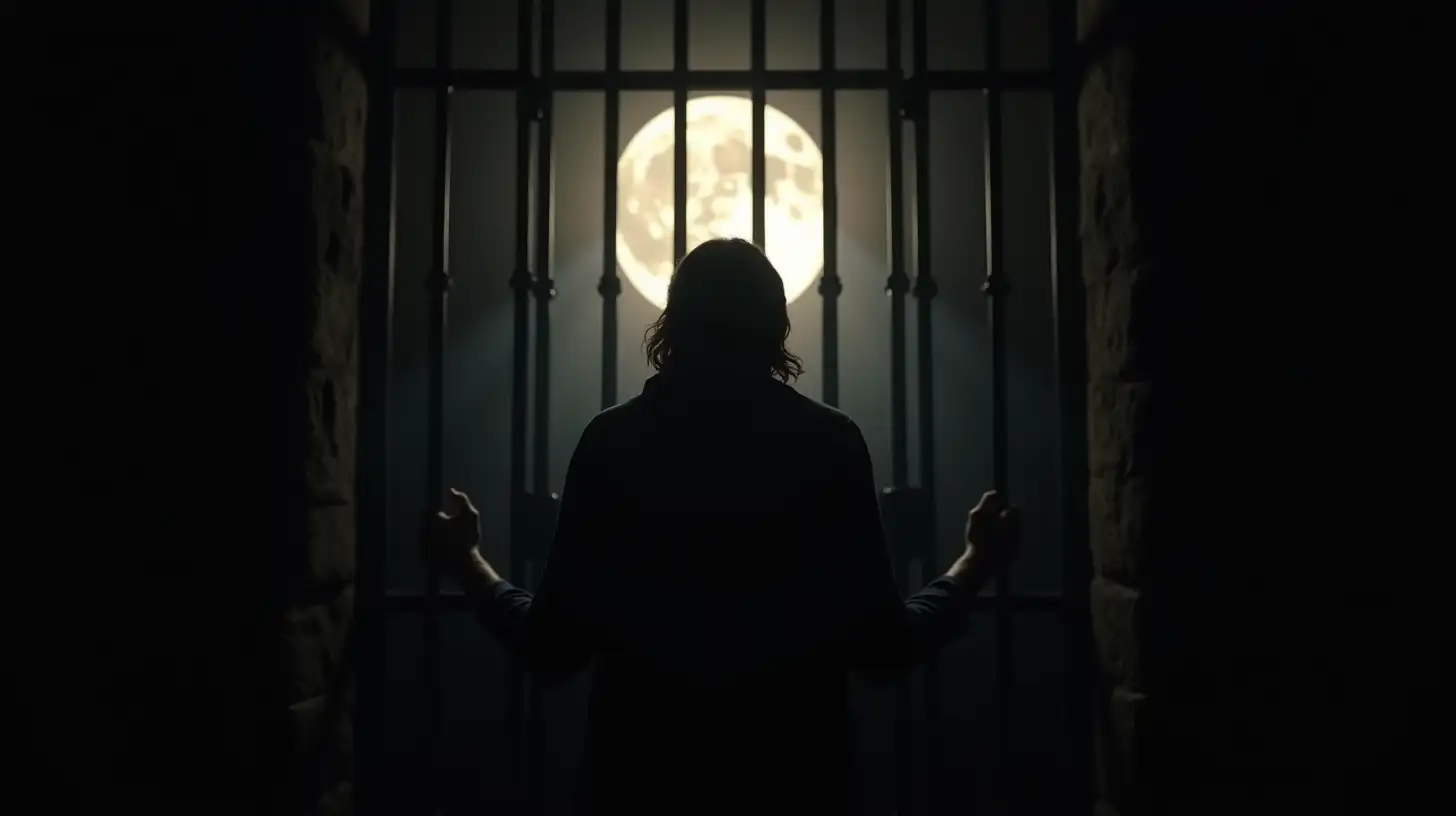 Silhouette of Imprisoned Man Reaching Through Bars at Moonlit Night