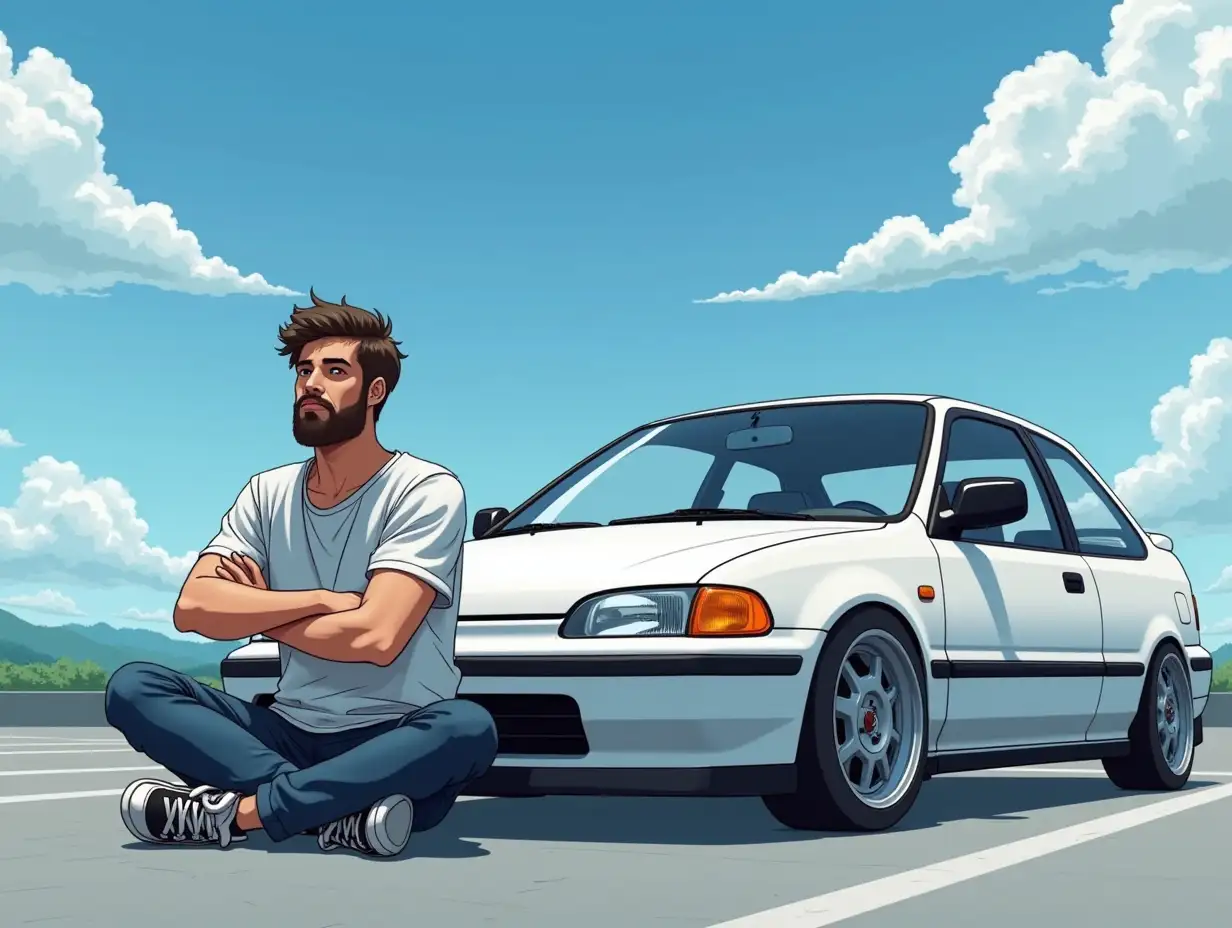 a bearded man sitting cross-legged on a parking lot next to a white Honda Civic ek4 in anime style