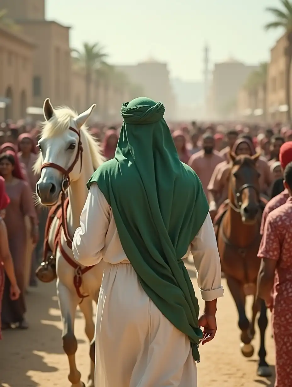 A man in white Arabic clothing, wearing a green abaya and a green cloth on his head, with his back to the camera, is walking with a white horse with his back to the camera towards a large crowd of people, and people are running towards him with joy.