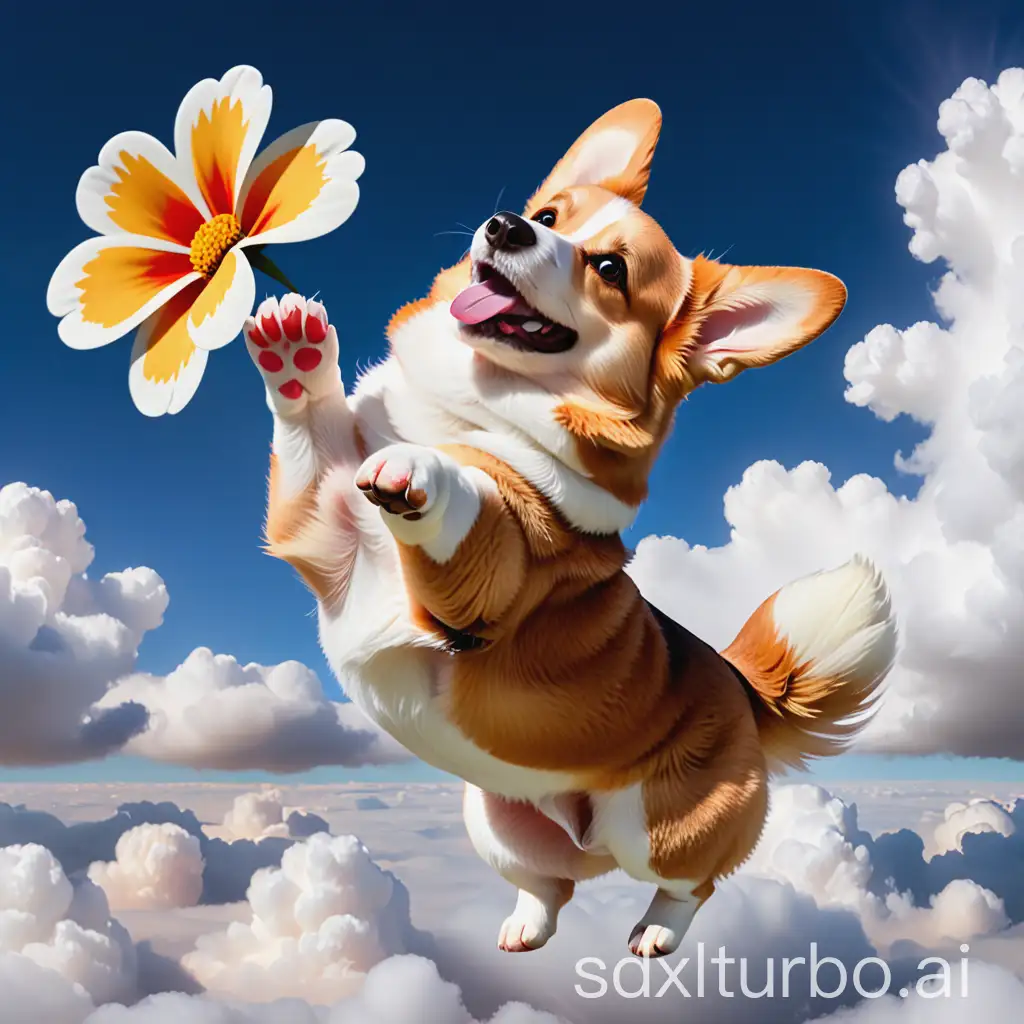 Corgi flying in the clouds, holding flower on its paw