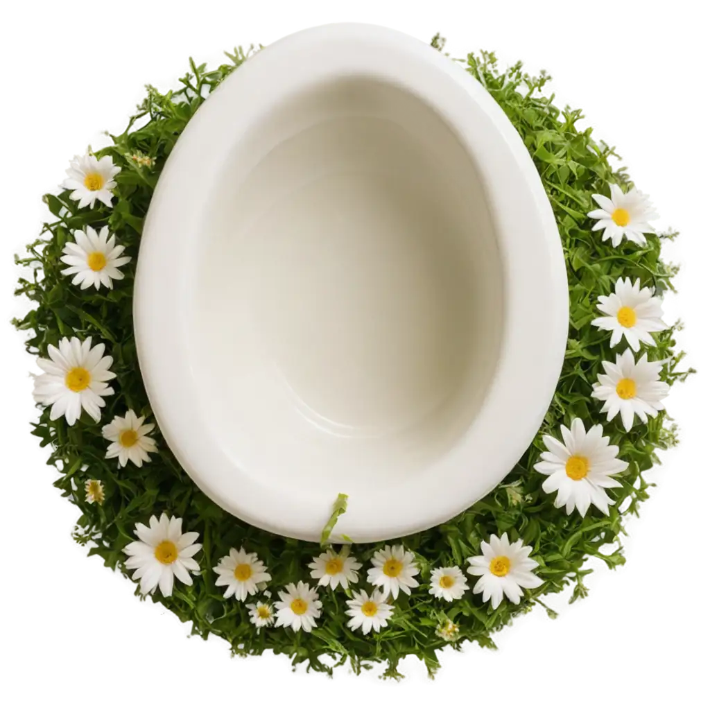 A round base holds toilet water below, with daisies and green petals scattered around.