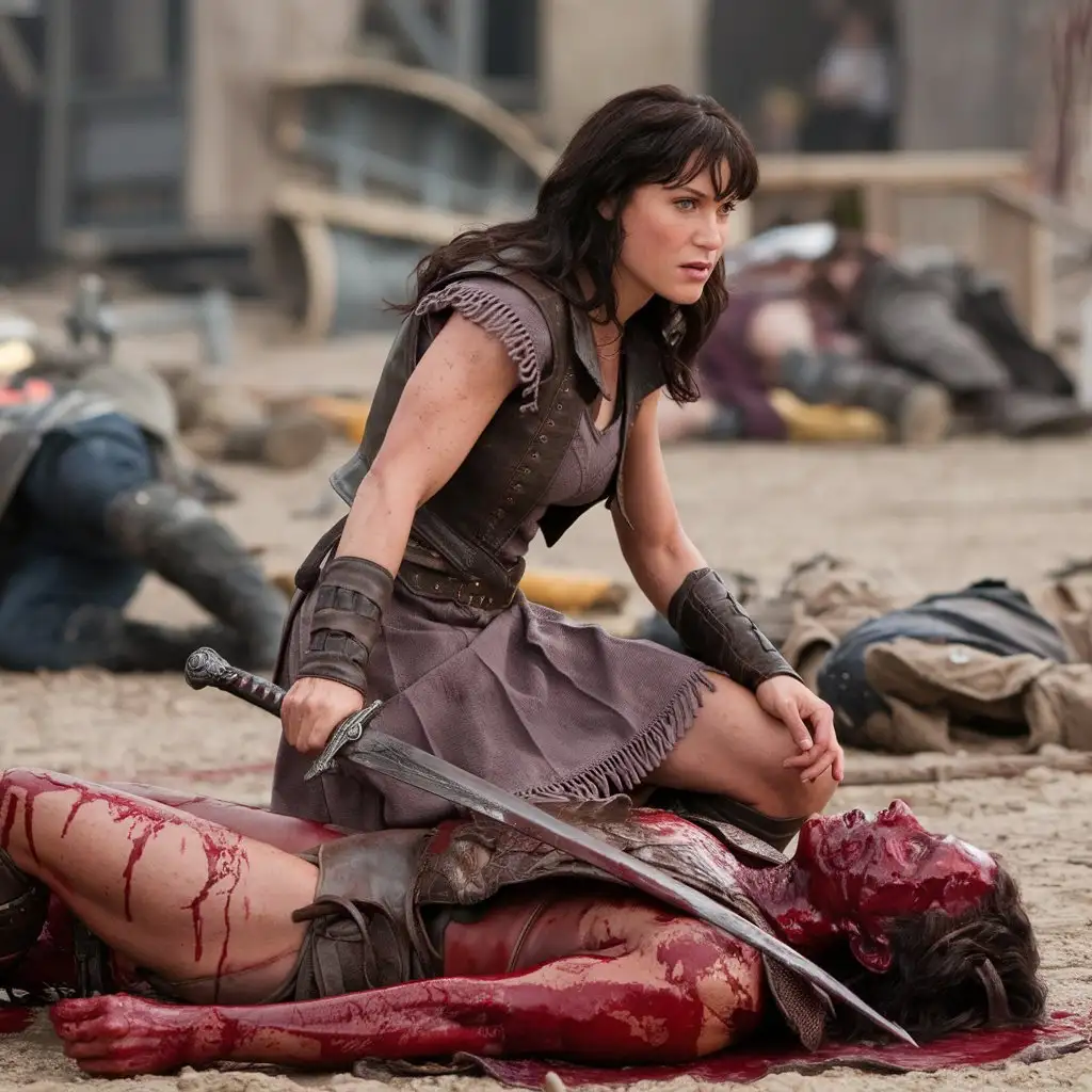 Evil old Lucy Lawless as XENA sits on the bloody corpse of a defeated enemy.