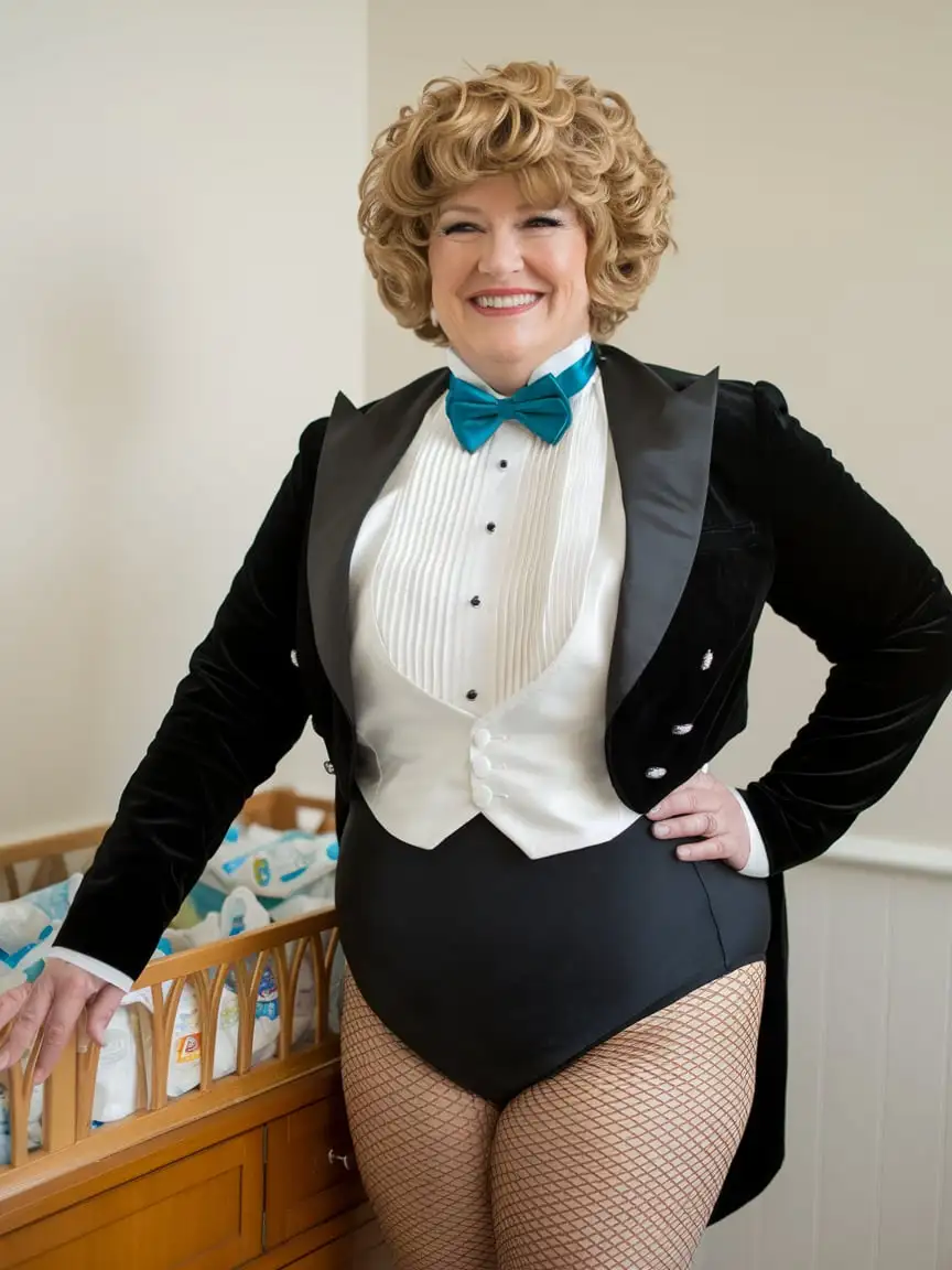 Smiling MiddleAged Woman in Formal Tuxedo Near Changing Table