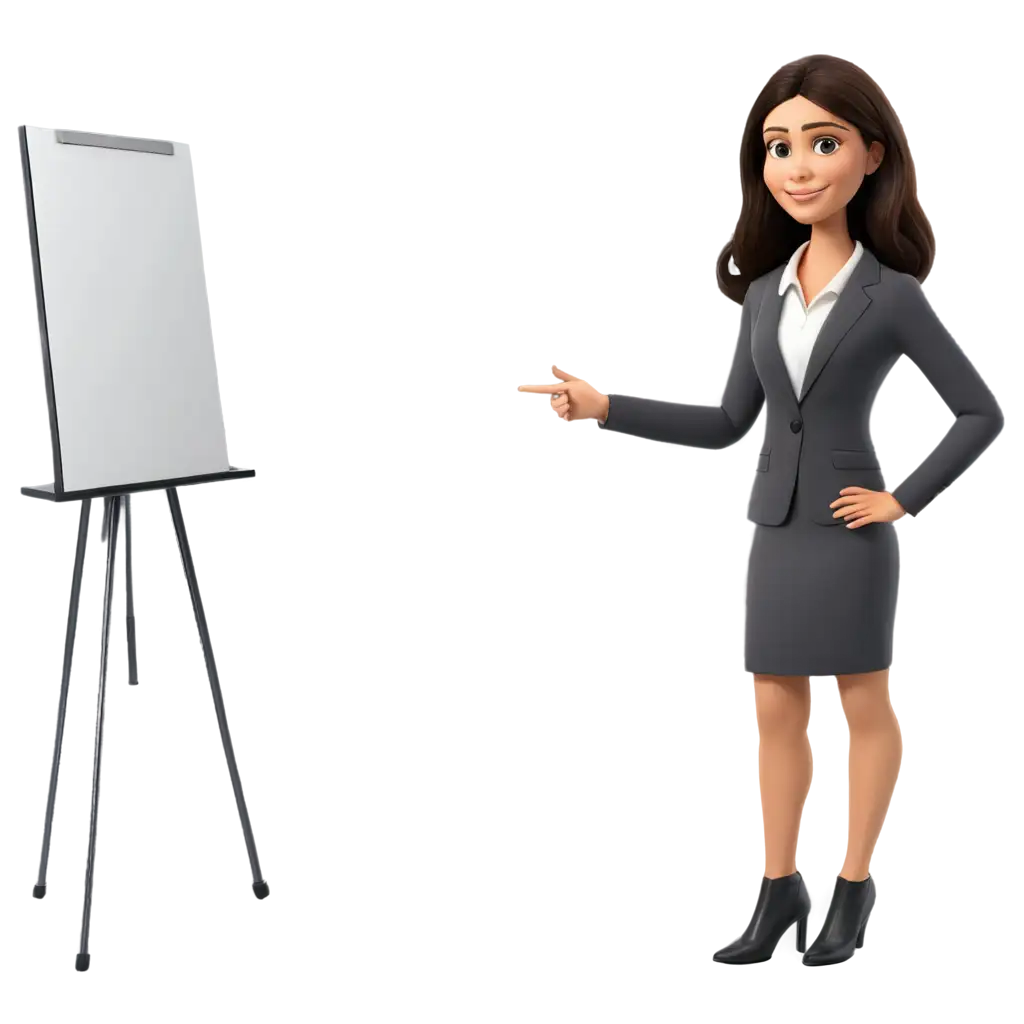 Female-in-Formal-Dress-Pointing-to-Whiteboard-Presentation-Outline-PNG-Image