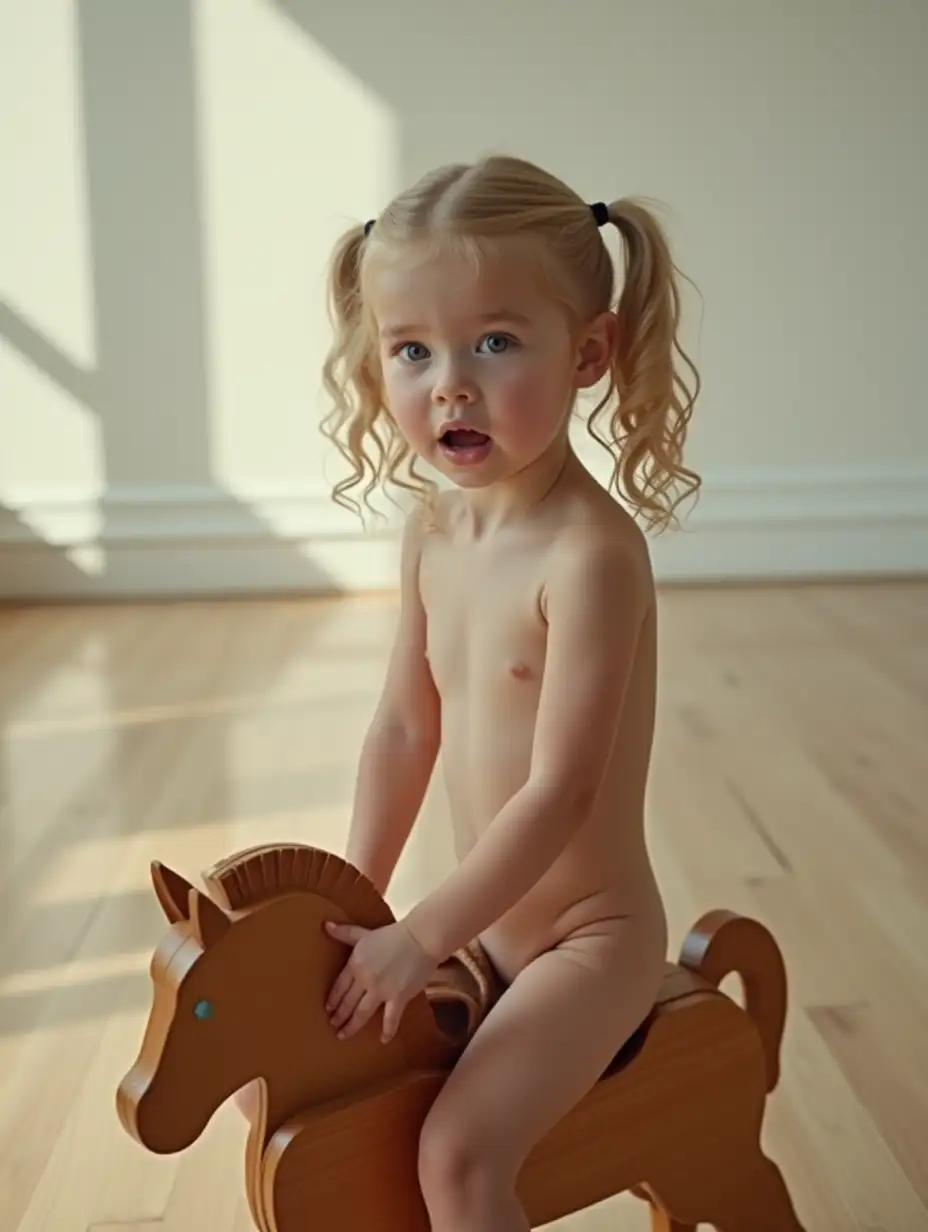 Slender-Girl-Riding-Wooden-Horse-with-Pigtails-in-Bright-Room