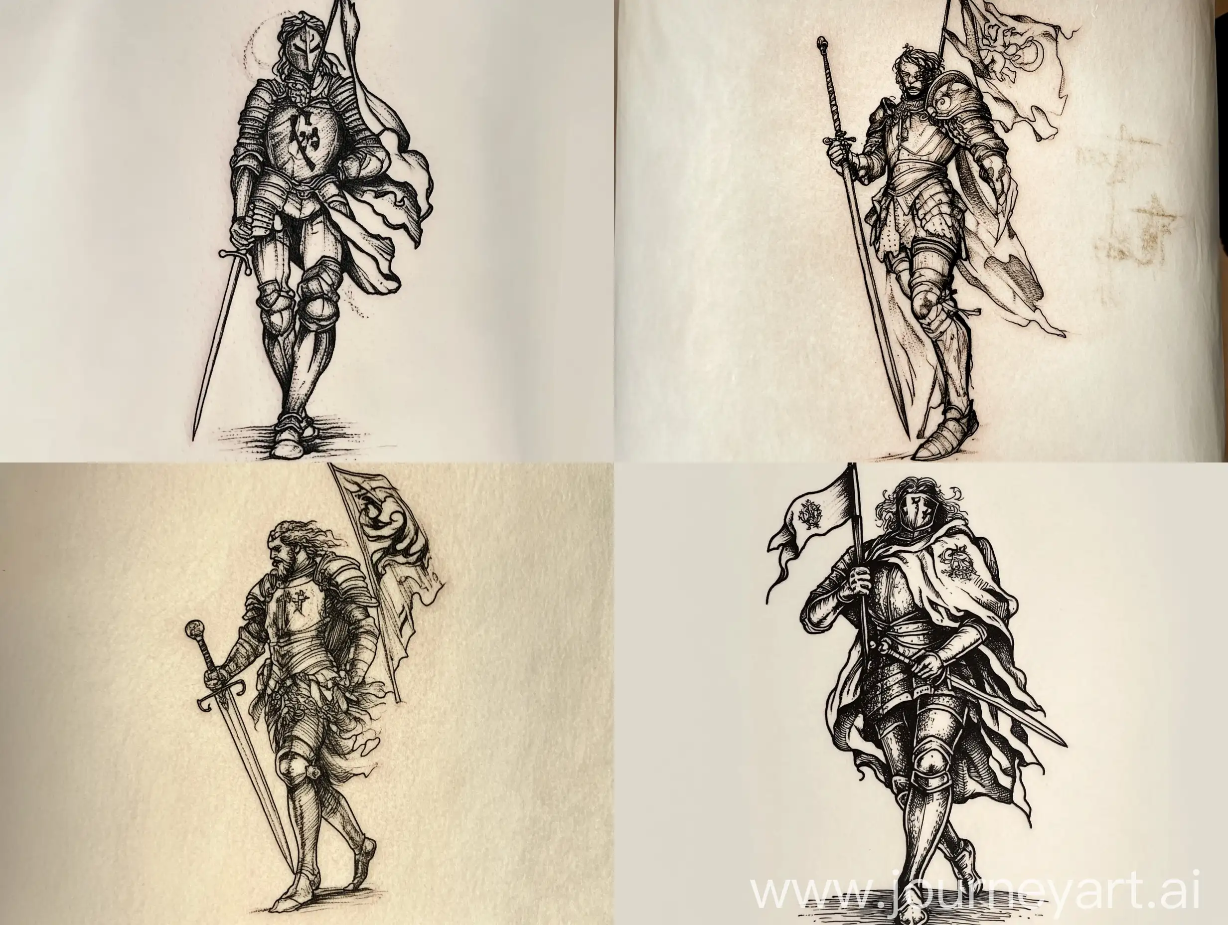 Medieval-Knight-Engraving-Tattoo-Design-with-Flag-and-Sword