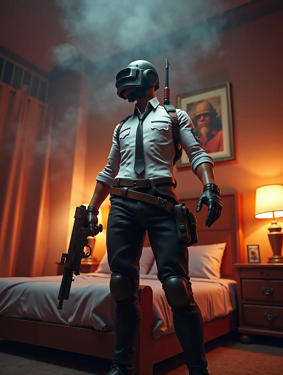 very large Pubg character bedroom with statue of attack on titan 180 degree panoramic shots 8K resolution colorful