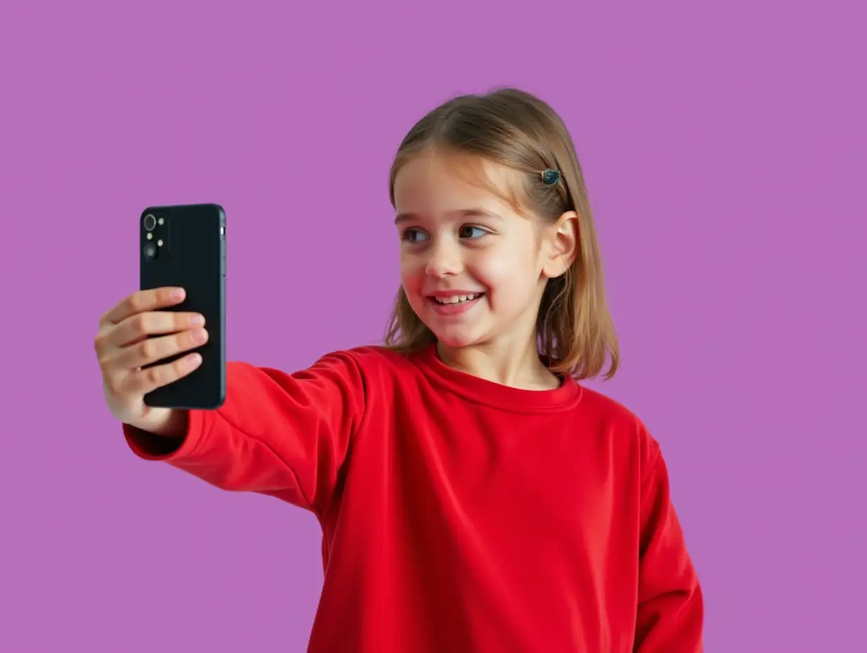 Photo portrait of pretty little girl take selfie photo touch pull hair wear trendy red outfit isolated on purple color background