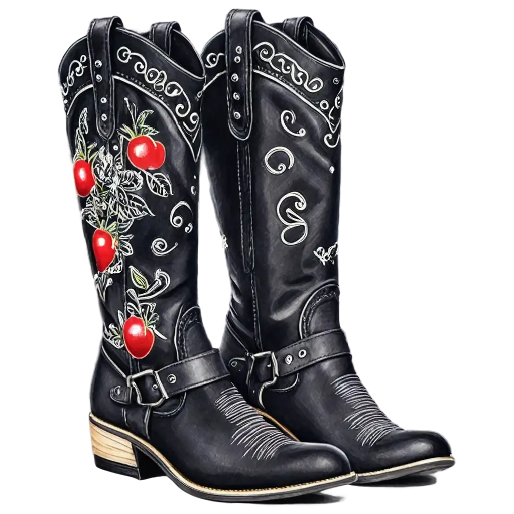 Cowboy-Boots-with-Cherry-Sticker-Design-PNG-Image-for-Coloring-Book